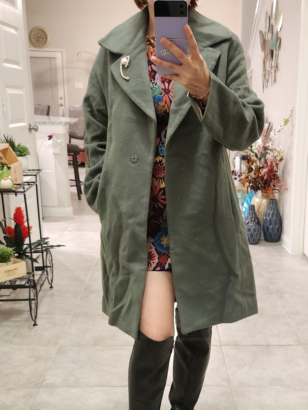 Women’s Olive Green Wool-Blend Overcoat Autum Winter Trench With Brooch